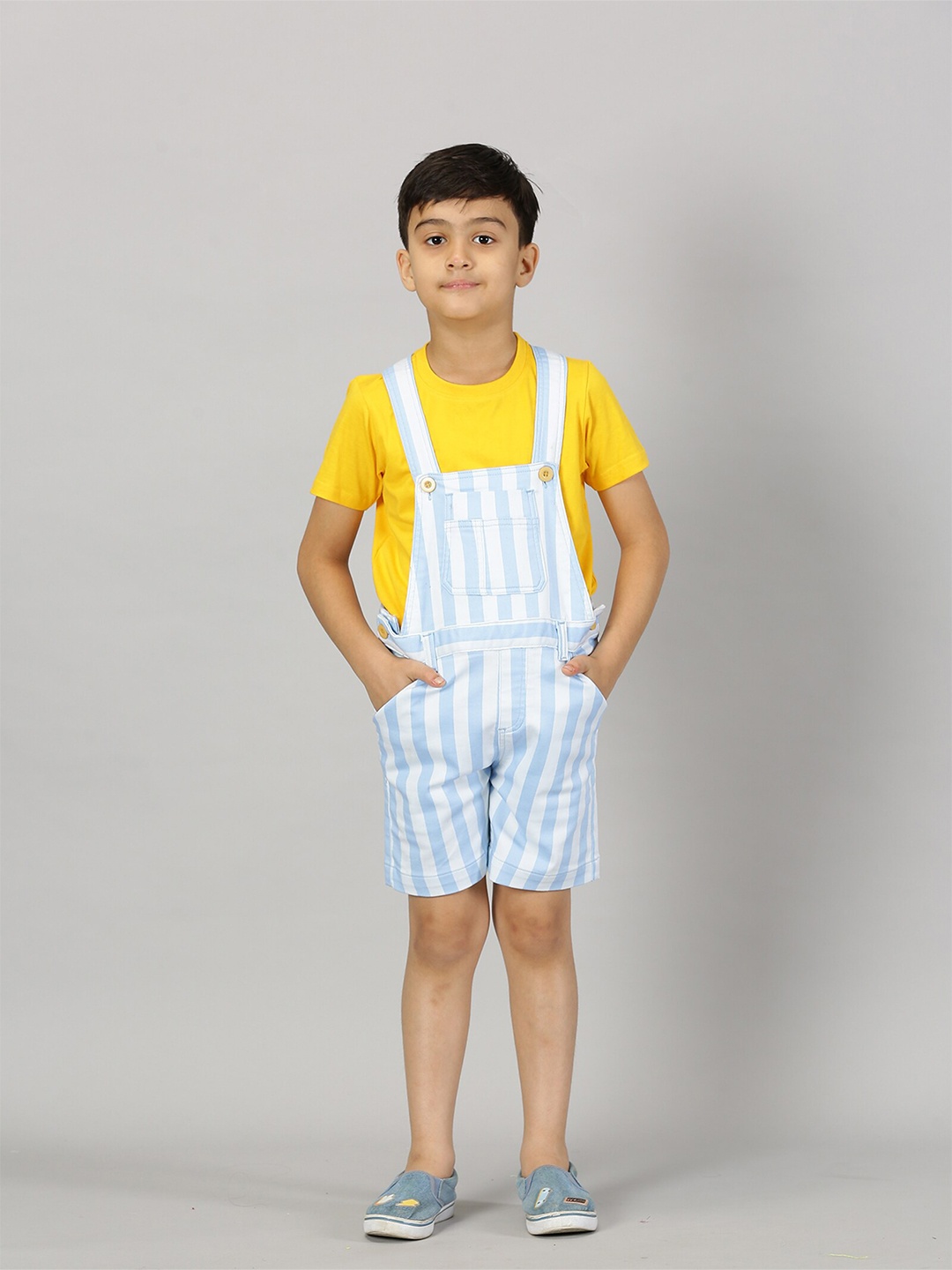 

KiddoPanti Boys Striped Pure Cotton Dungarees with T-shirt, Yellow