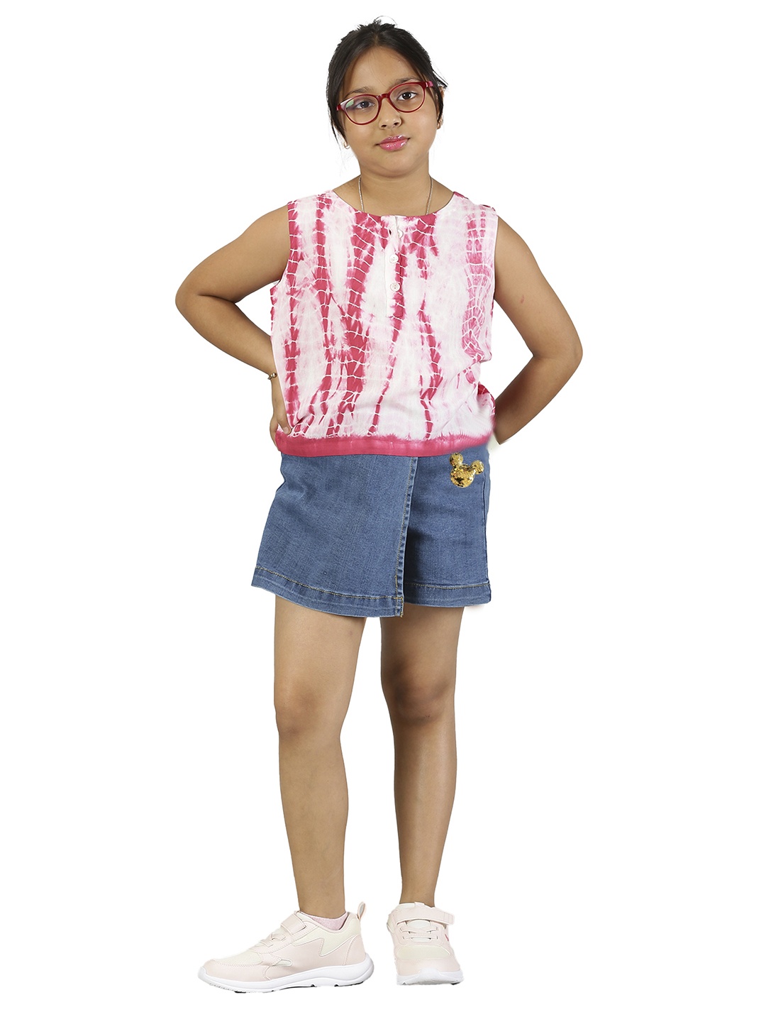 

KiddoPanti Girls Dyed Top With Denim Shorts, Pink