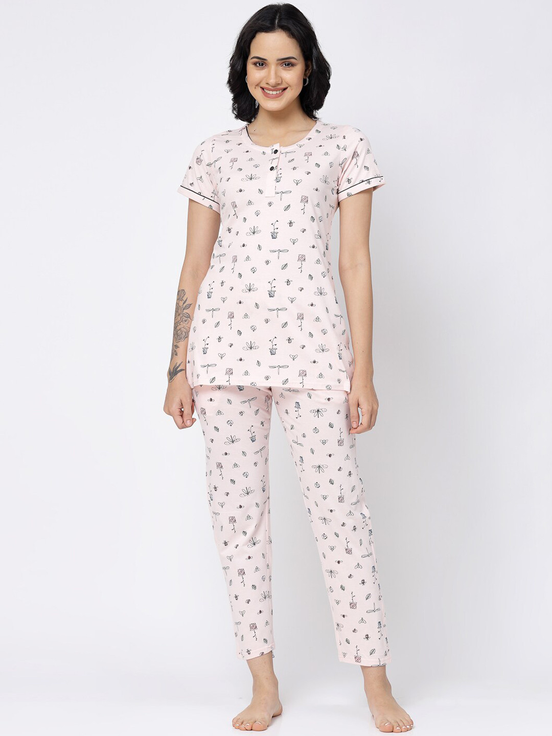 

SHYAM SONS FLAIR Conversational Printed Round Neck Night suit, Pink