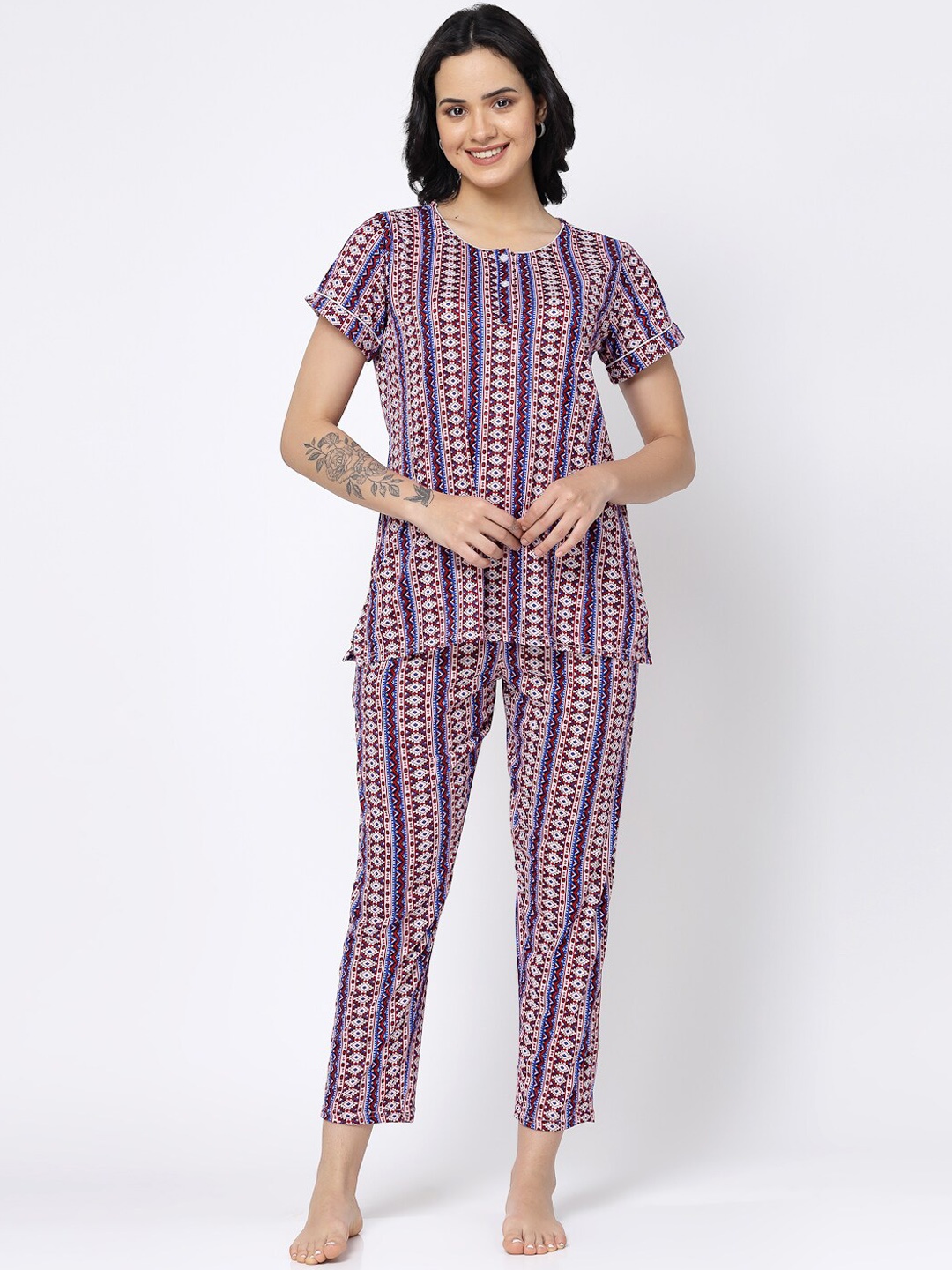 

SHYAM SONS FLAIR Geometric Printed Round Neck Night suit, Blue