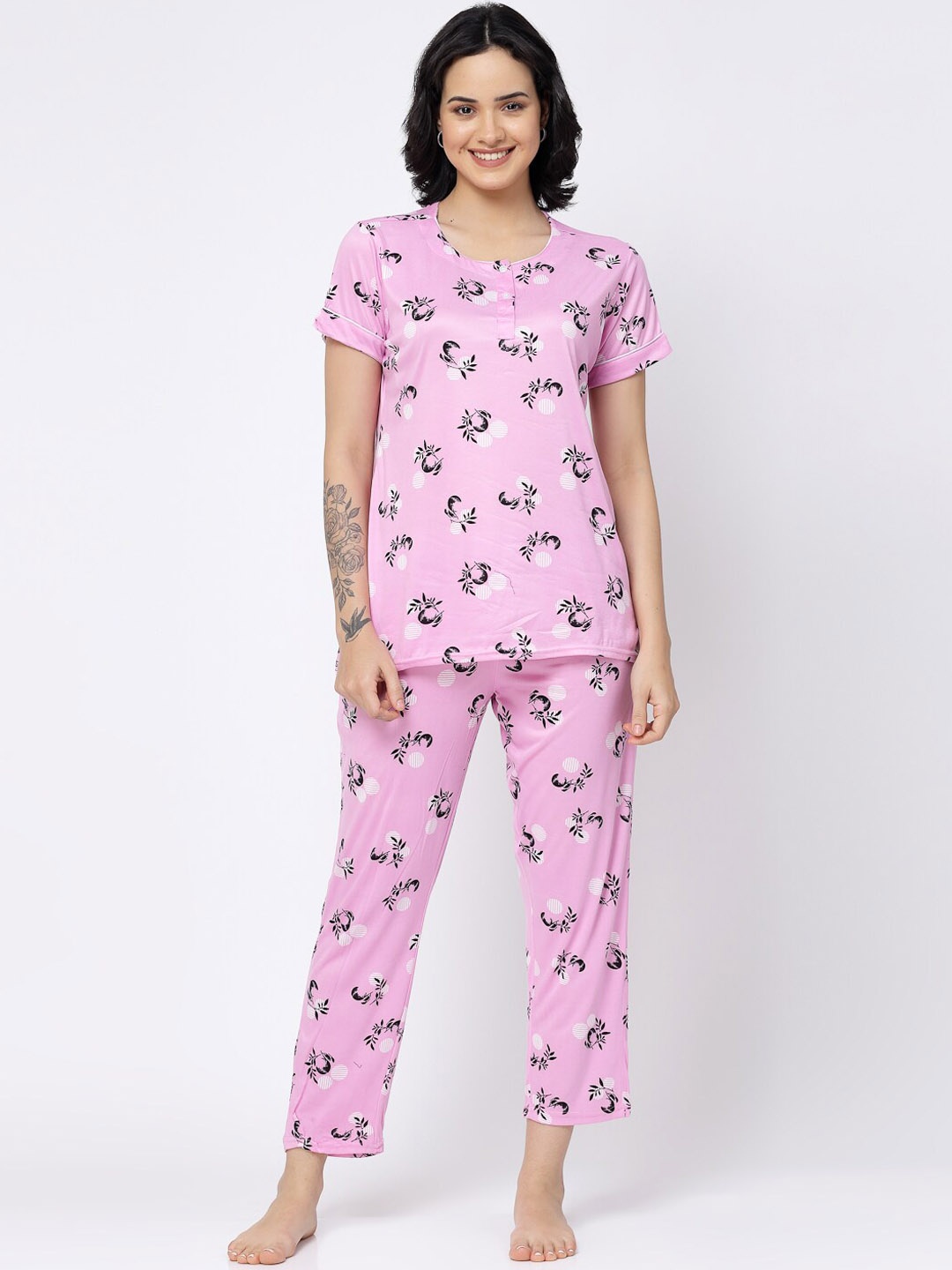 

SHYAM SONS FLAIR Floral Printed Pure Cotton Night suit, Pink
