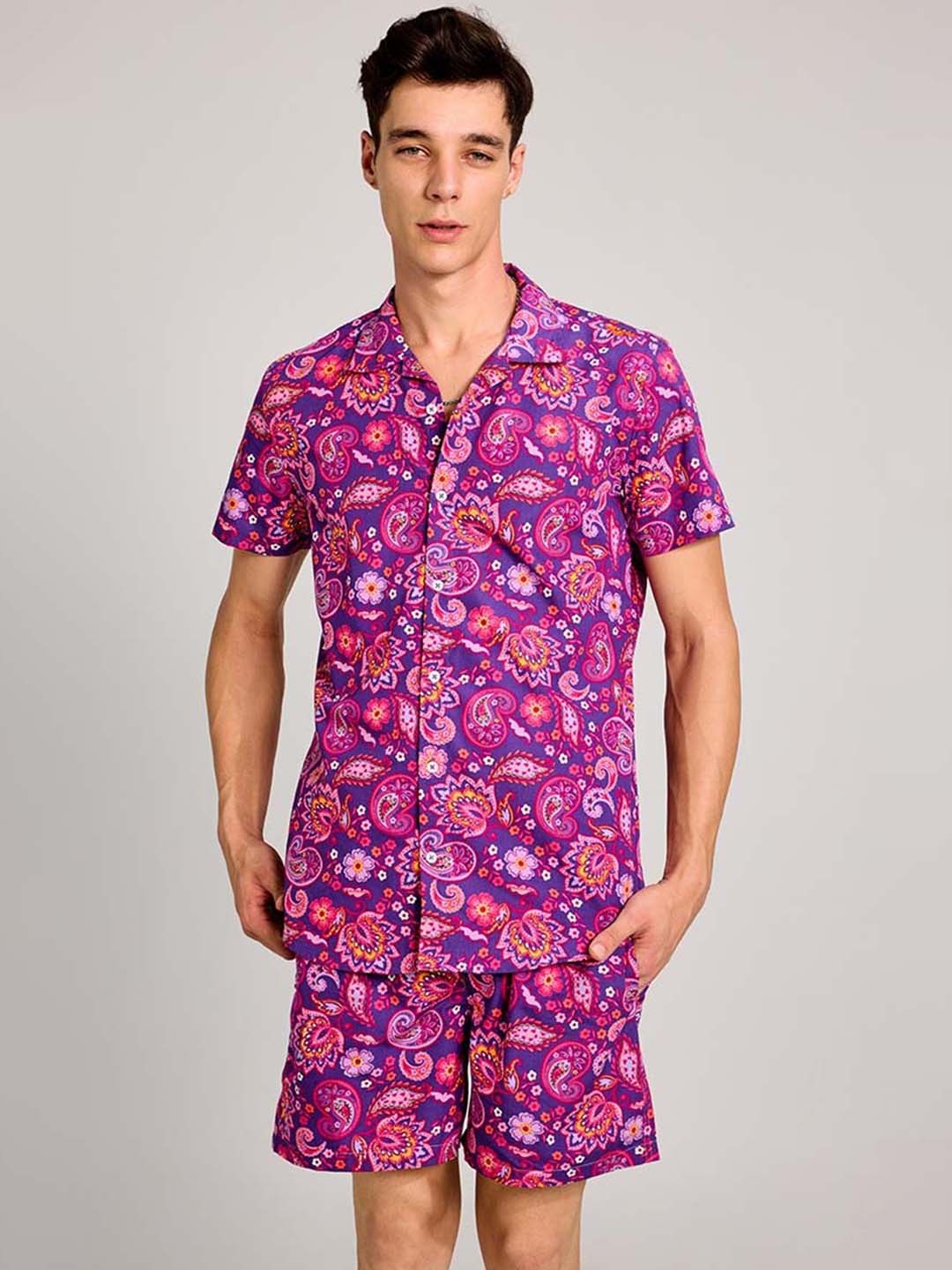 PURPLEMANGO THE FRUIT OF FASHION Printed Pure Cotton Shirt & Shots Co-Ords, Purple