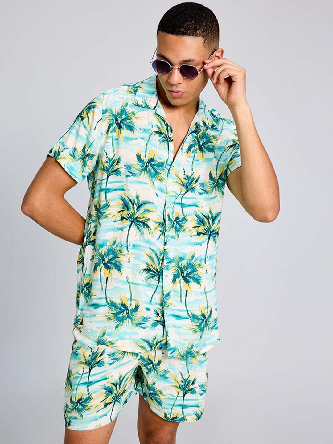 

PURPLEMANGO THE FRUIT OF FASHION Tropical Printed Pure Cotton Slim Fit Shirt & Shorts, Sea green