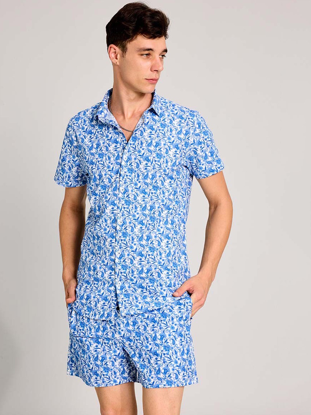 

PURPLEMANGO THE FRUIT OF FASHION Printed Pure Cotton Slim Fit Shirt & Shorts Co-Ords, Blue