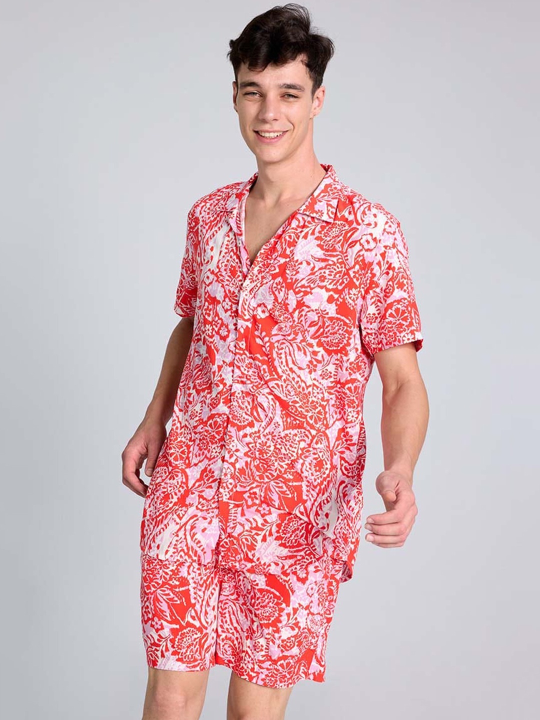 

PURPLEMANGO THE FRUIT OF FASHION Printed Pure Cotton Slim Fit Shirt & Shorts, Red