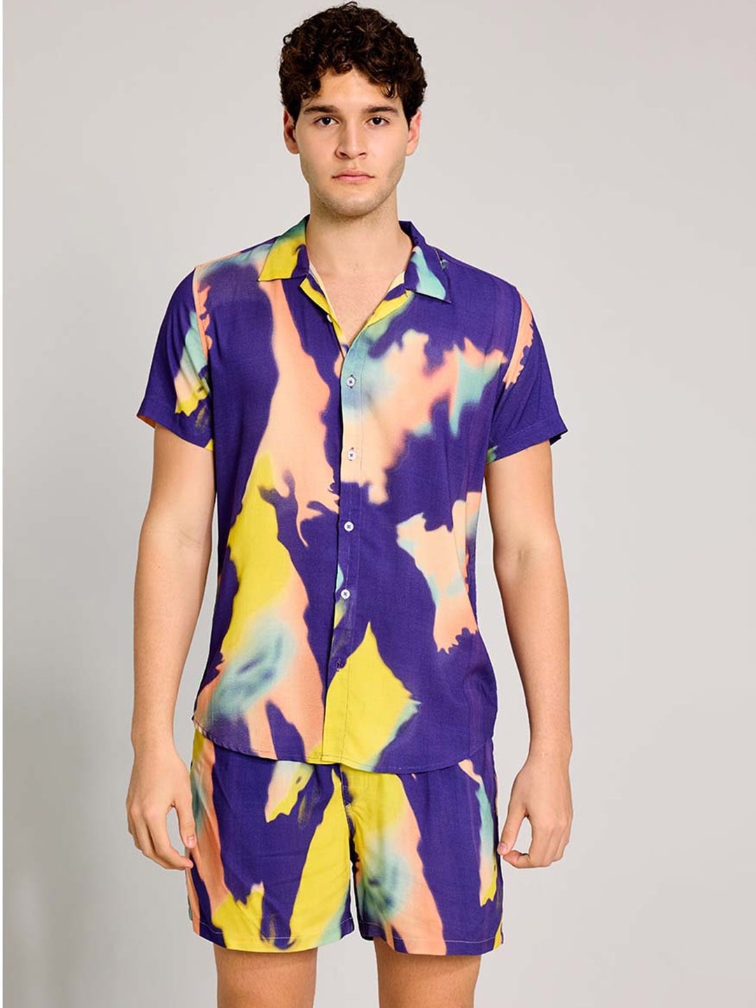 

PURPLEMANGO THE FRUIT OF FASHION Abstract Printed Pure Cotton Slim Fit Shirt & Shorts, Blue