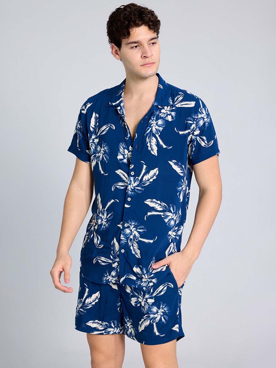 

PURPLEMANGO THE FRUIT OF FASHION Printed Pure Cotton Slim Fit Shirt & Shorts Co-Ords, Navy blue