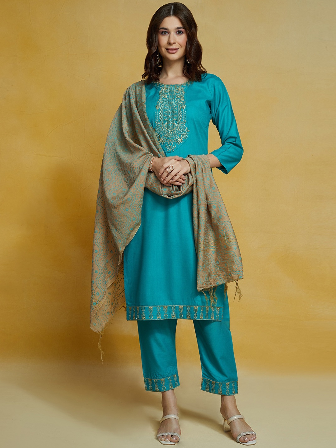 

KALINI Ethnic Motifs Embroidered Thread Work Kurta With Trousers & Dupatta, Turquoise blue