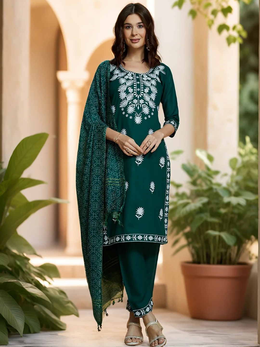 KALINI Floral Embroidered Thread Work Kurta & Trousers With Dupatta, Green
