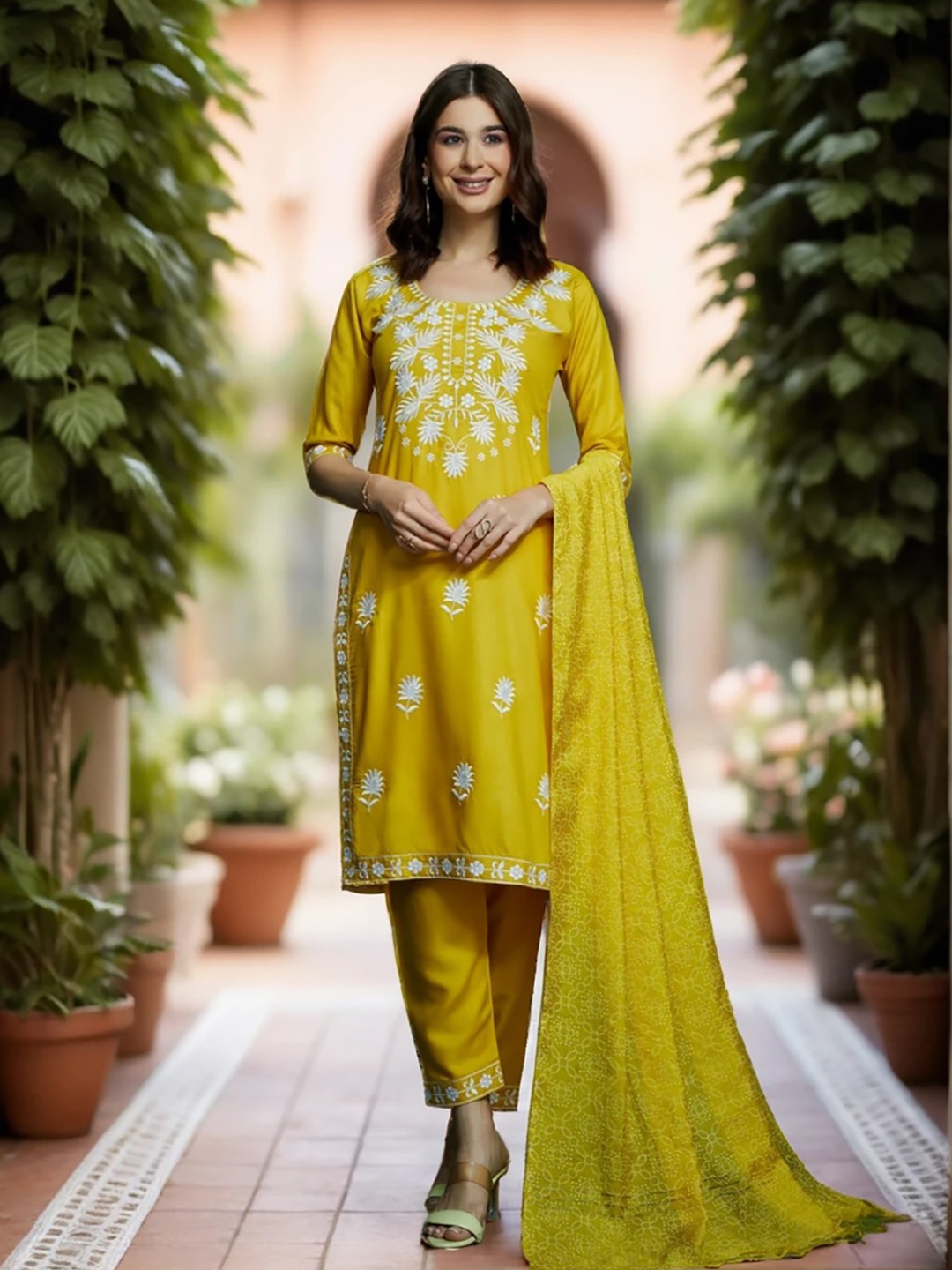 KALINI Floral Embroidered Regular Thread Work Kurta With Trousers & Dupatta, Yellow