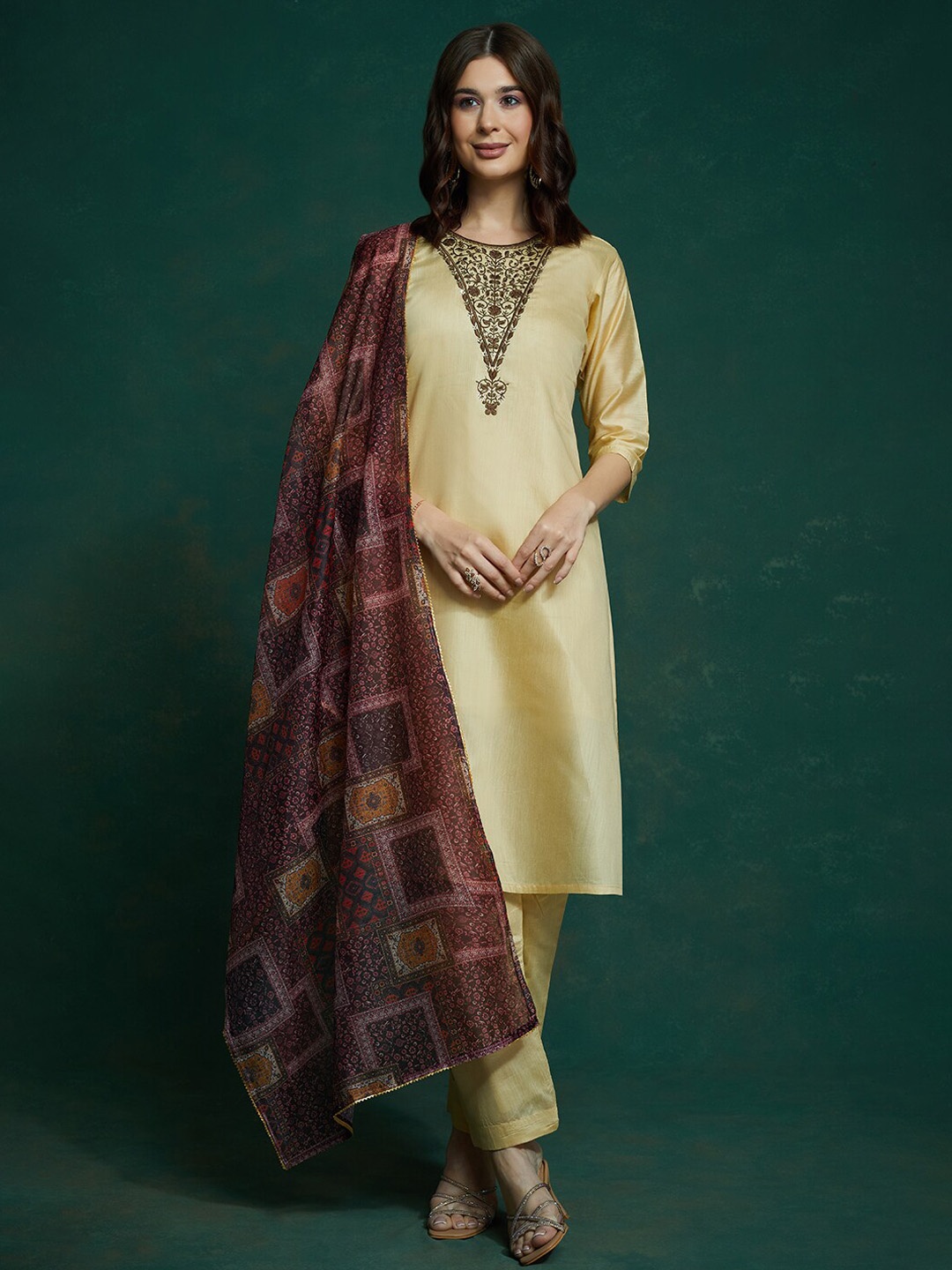 

KALINI Floral Embroidered Kurta & Trousers With Dupatta, Cream