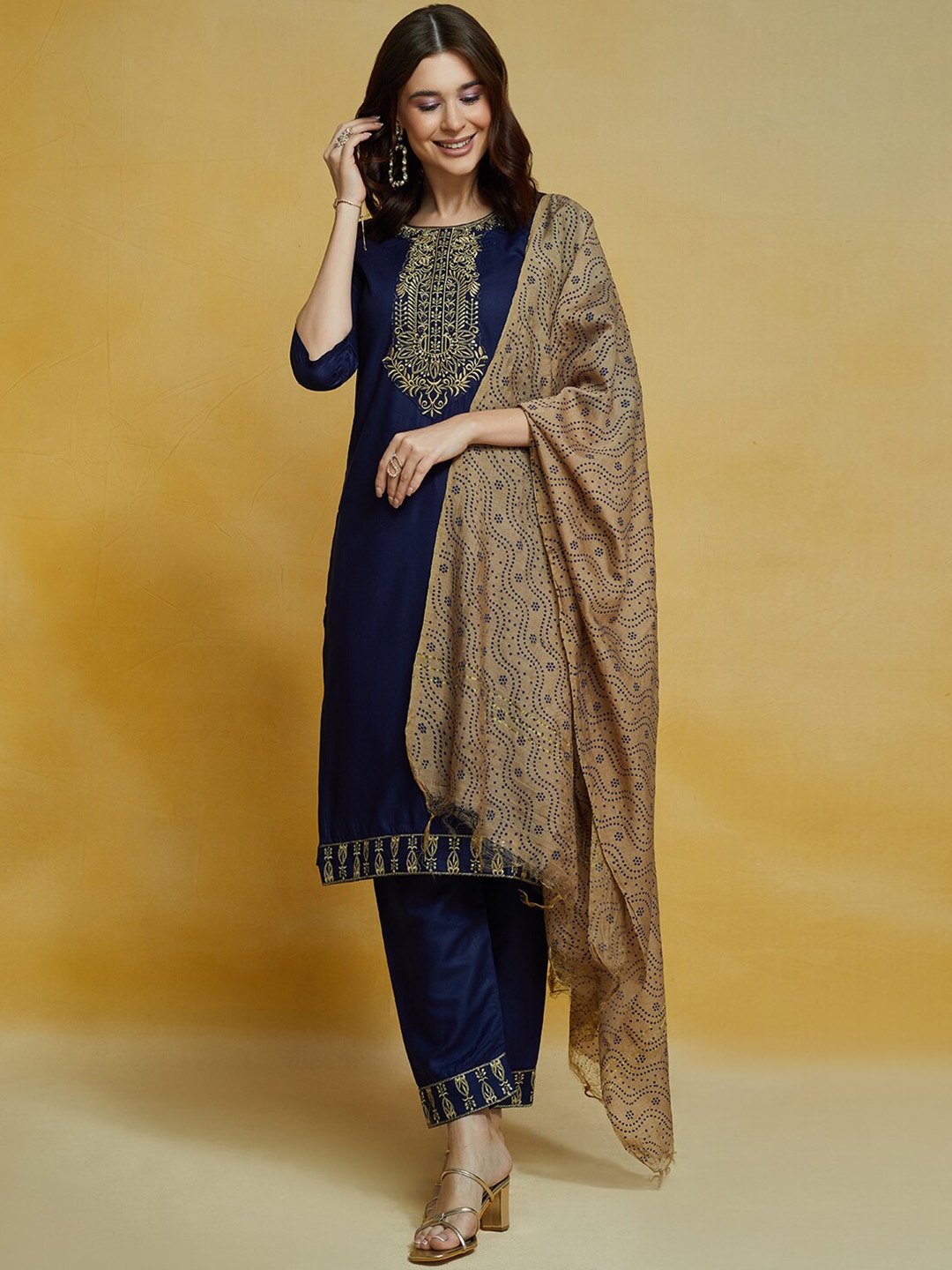 

KALINI Ethnic Motifs Embroidered Thread Work Kurta With Trousers & Dupatta, Blue