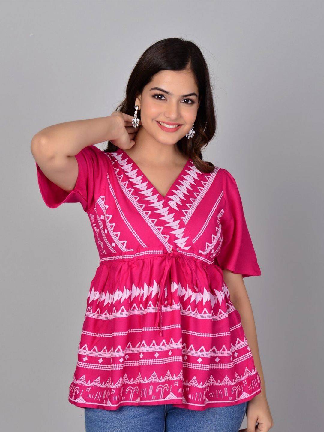 

MANKSH Geometric Printed A-Line Top, Pink