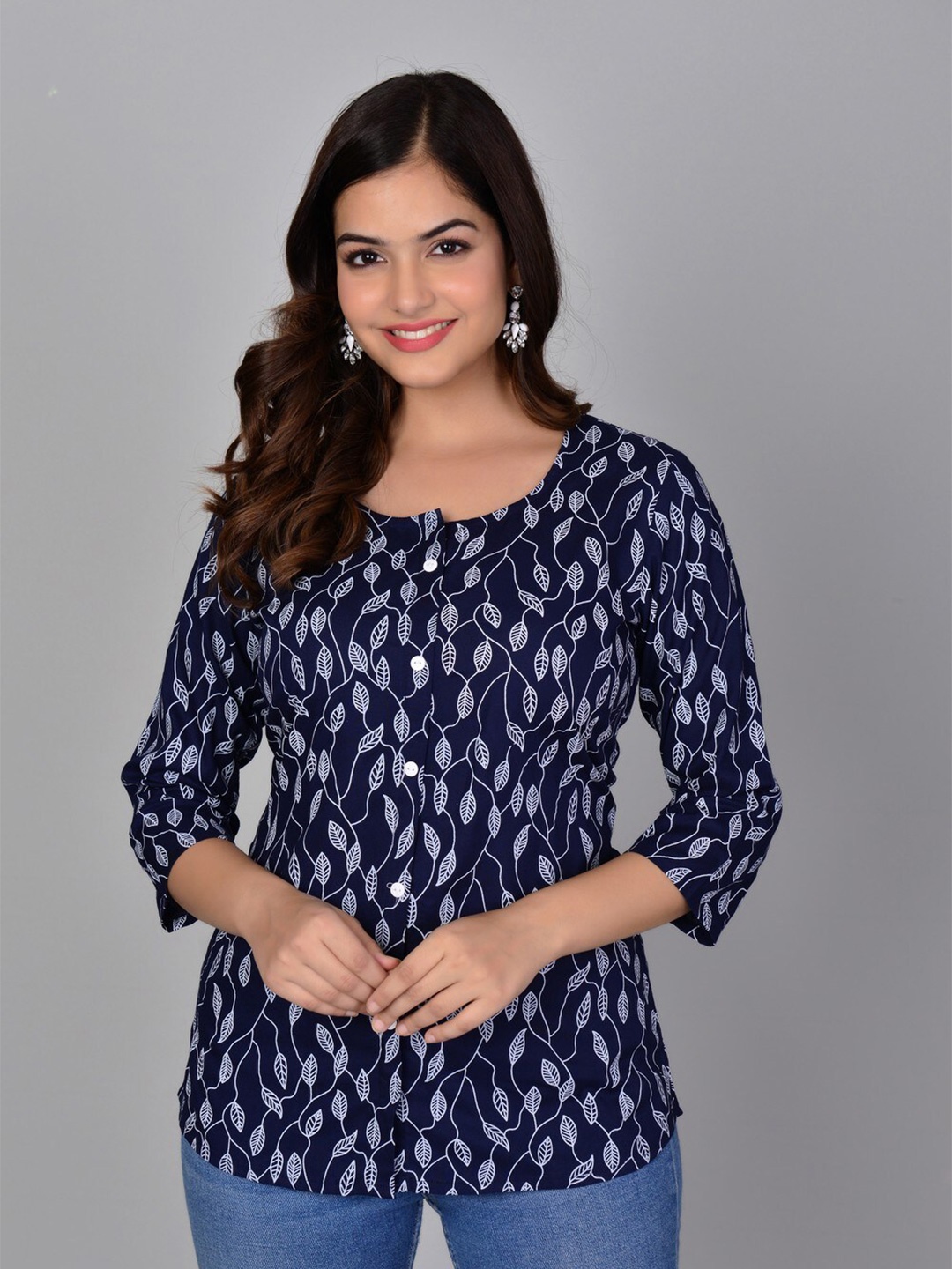 

MANKSH Floral Print Three-Quarter Sleeves Regular Top, Blue