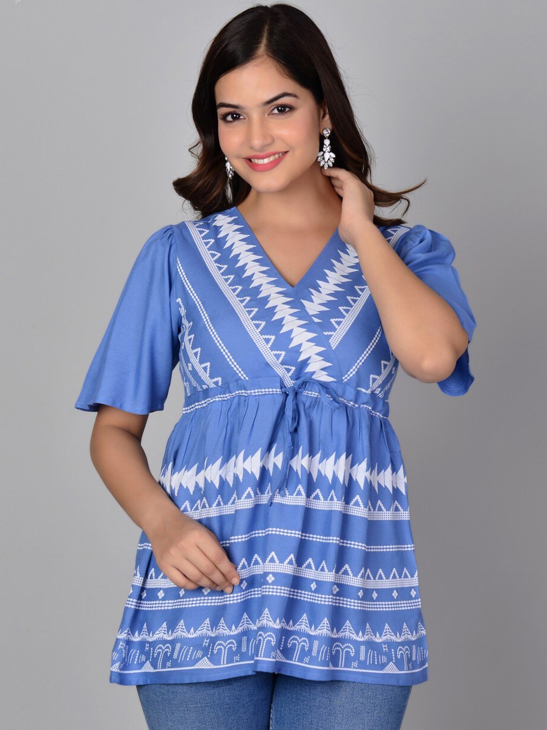 

MANKSH Ethnic Print V-Neck Flared Sleeves A-Line Tie-Up Top, Blue