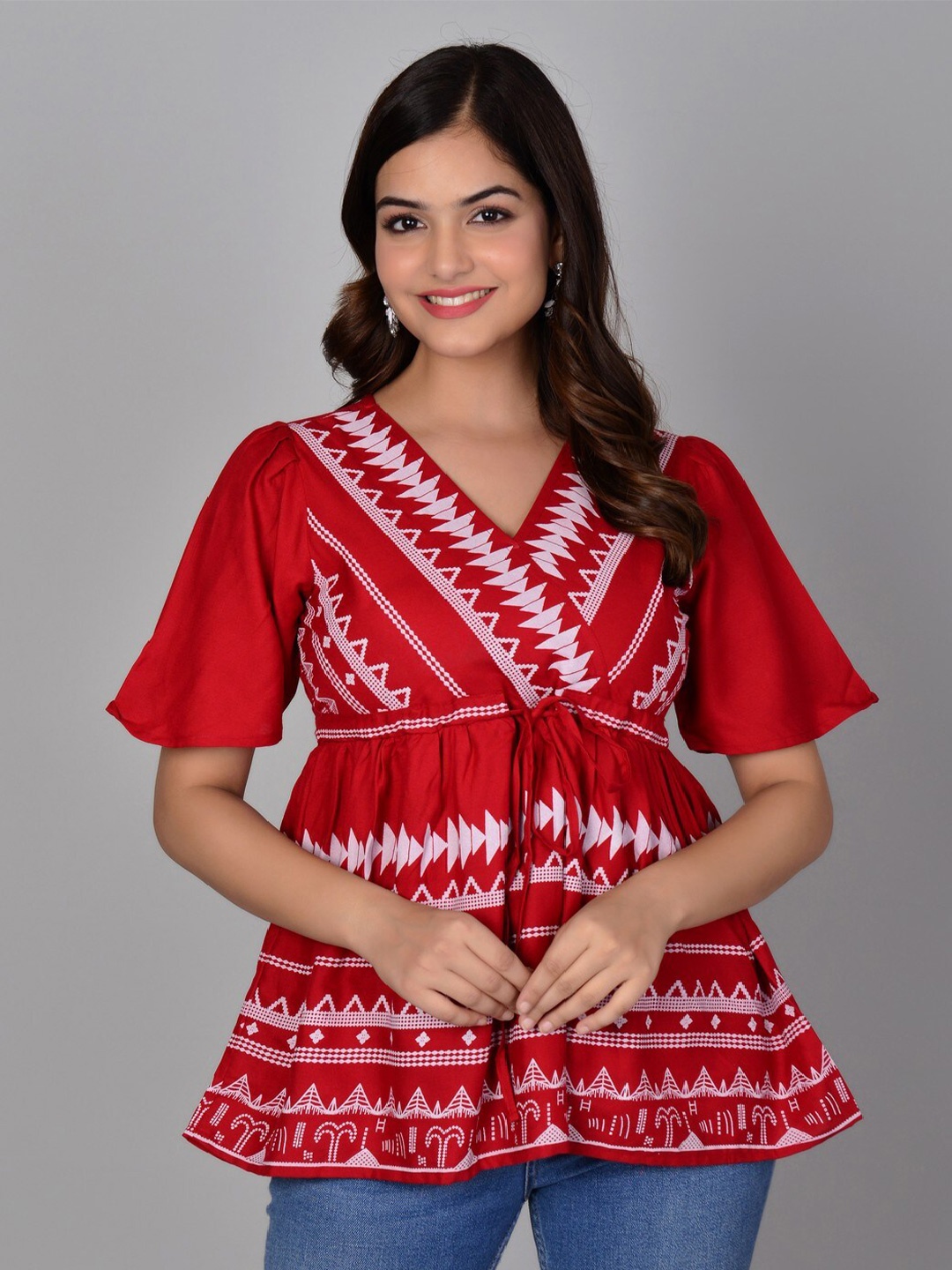 

MANKSH Tribal Print Flared Sleeve Empire Top, Maroon