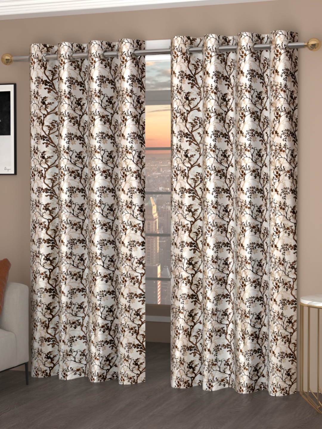 

Panipat Textile Hub Brown & White 2 Pieces Floral Room Darkening Long Door Curtains