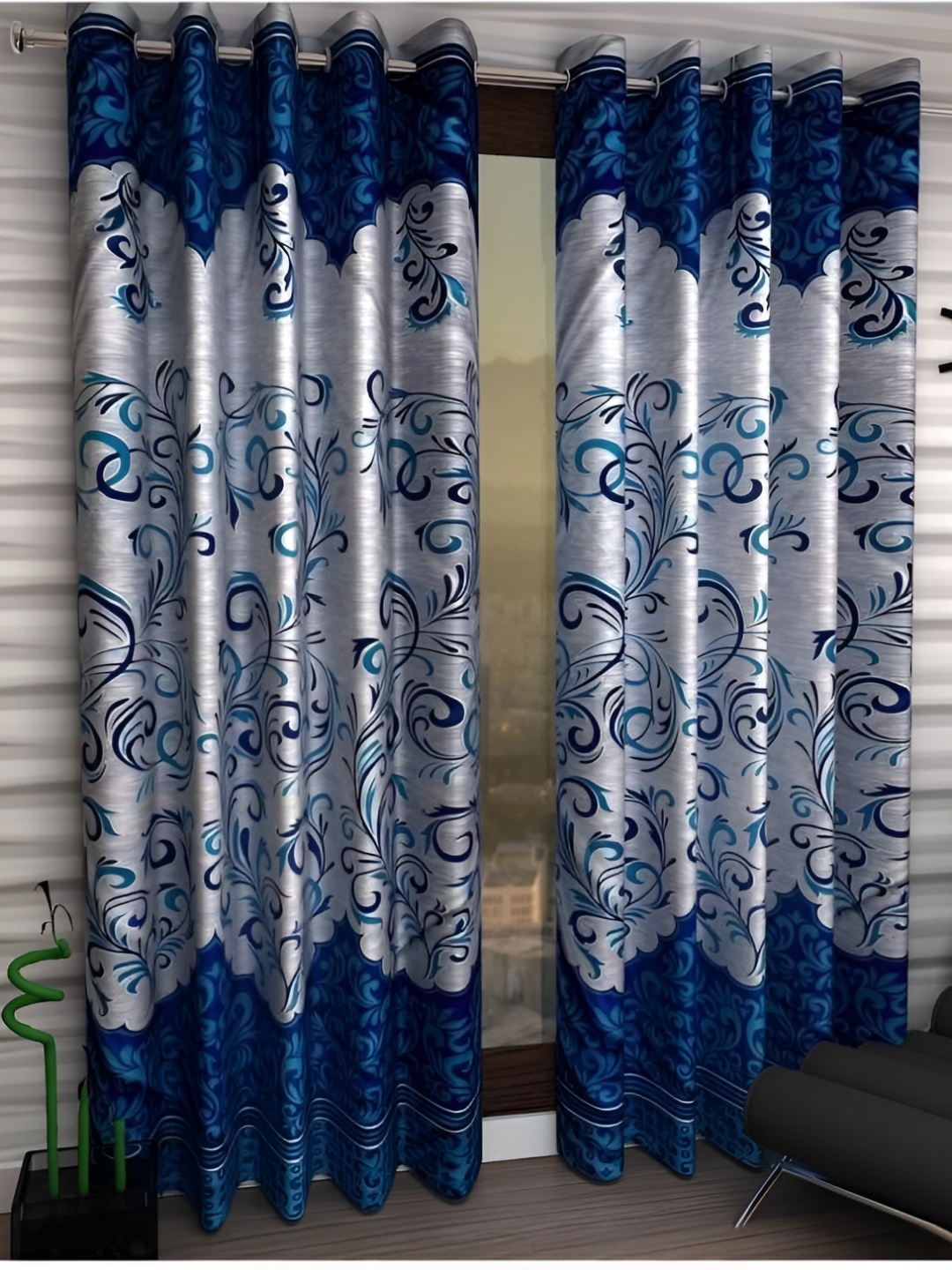 

Panipat Textile Hub Blue & White 2 Pieces Floral Eyelet Door Curtains