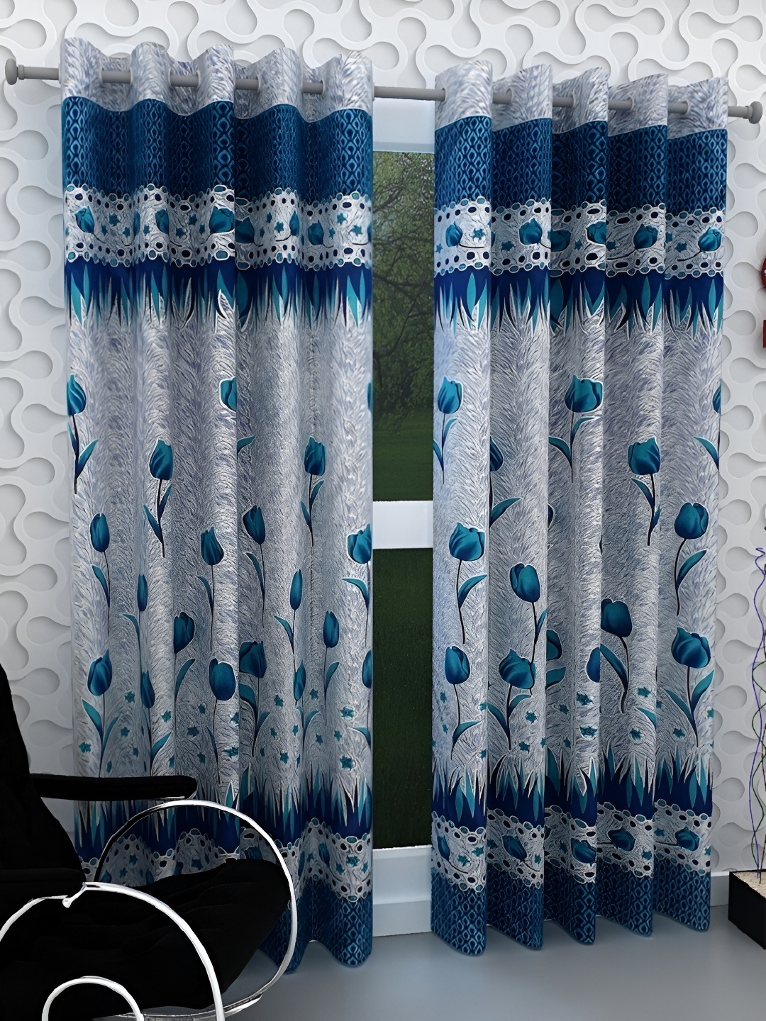 

Panipat Textile Hub Blue & Grey 2 Pieces Floral Long Door Curtains