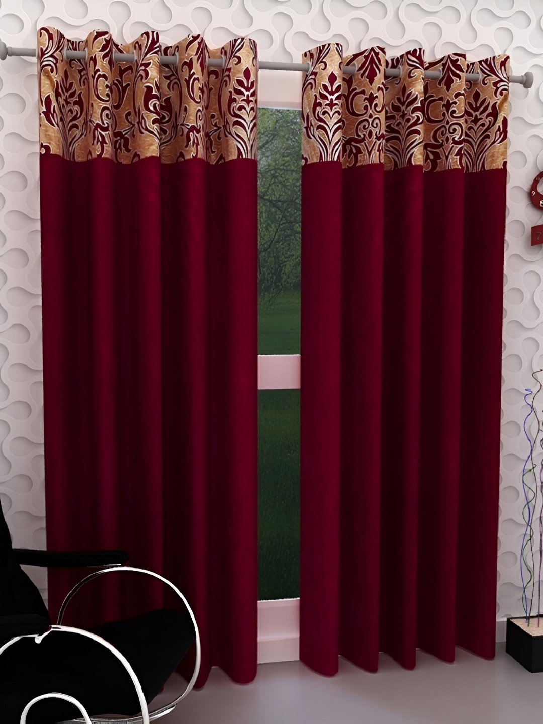 

Panipat Textile Hub Maroon 2 Pieces Floral Eyelet Door Curtains