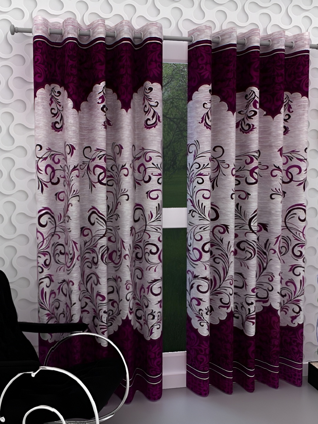 

Panipat Textile Hub Maroon & Black 2 Pieces Floral Eyelet Door Curtain