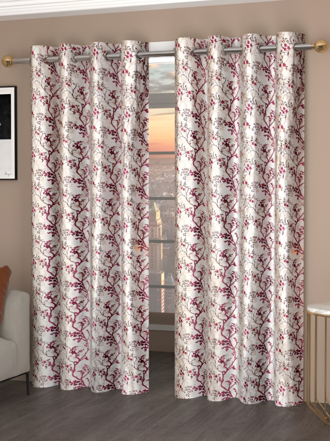 

Panipat Textile Hub Pink & Off White 2 Pcs Floral Room Darkening Window Curtain