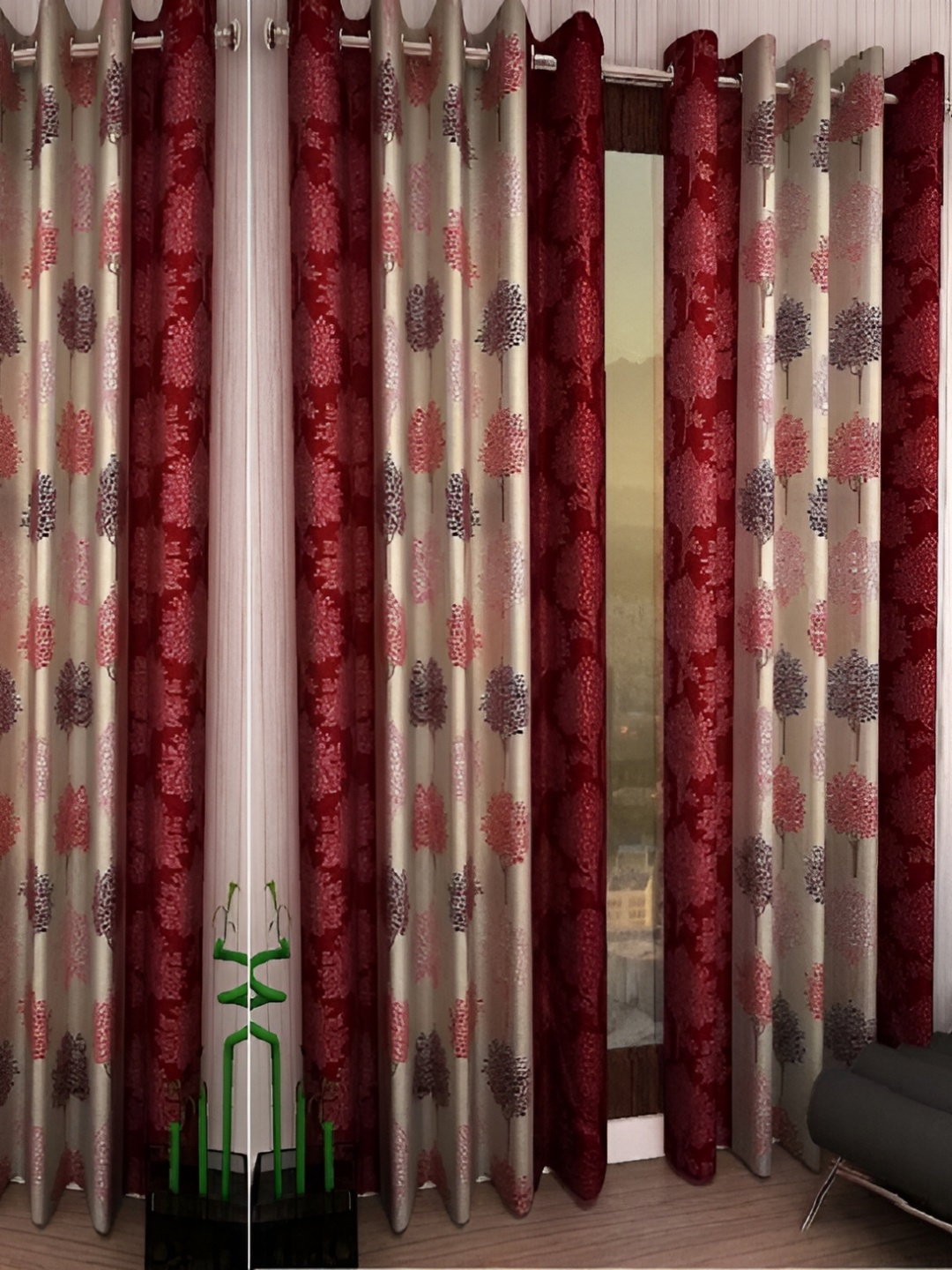 

Panipat Textile Hub Maroon & Pink 4 Pieces Floral Eyelet Long Door Curtains