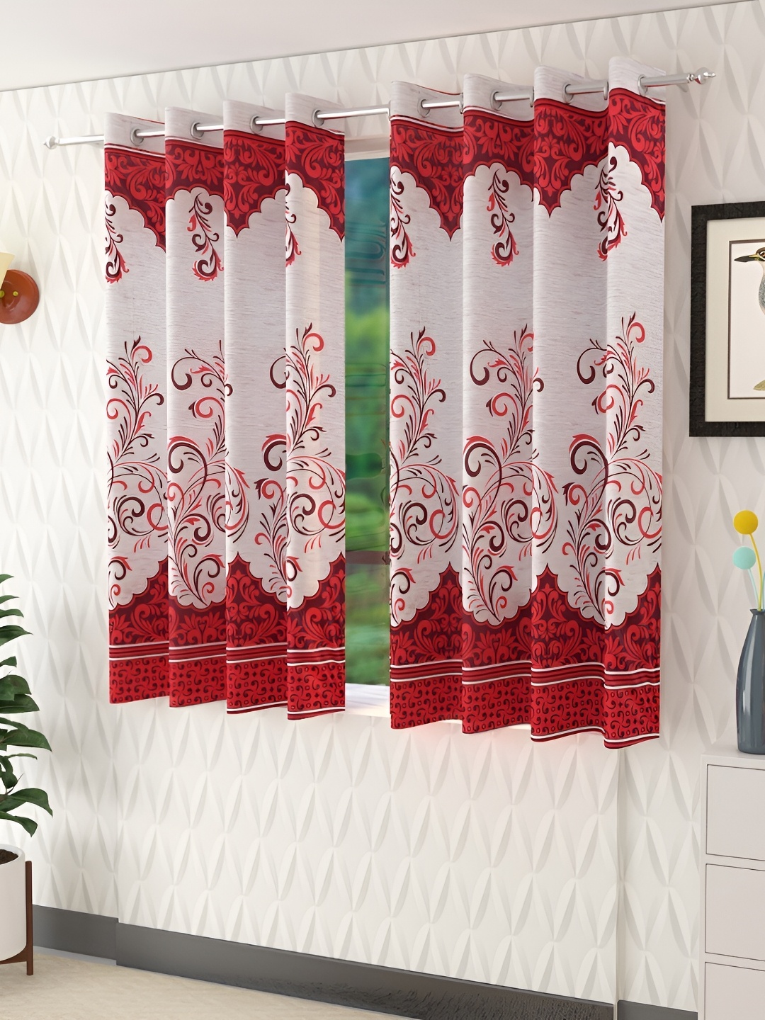 

Panipat Textile Hub Maroon & White 4 Pieces Floral Window Curtain