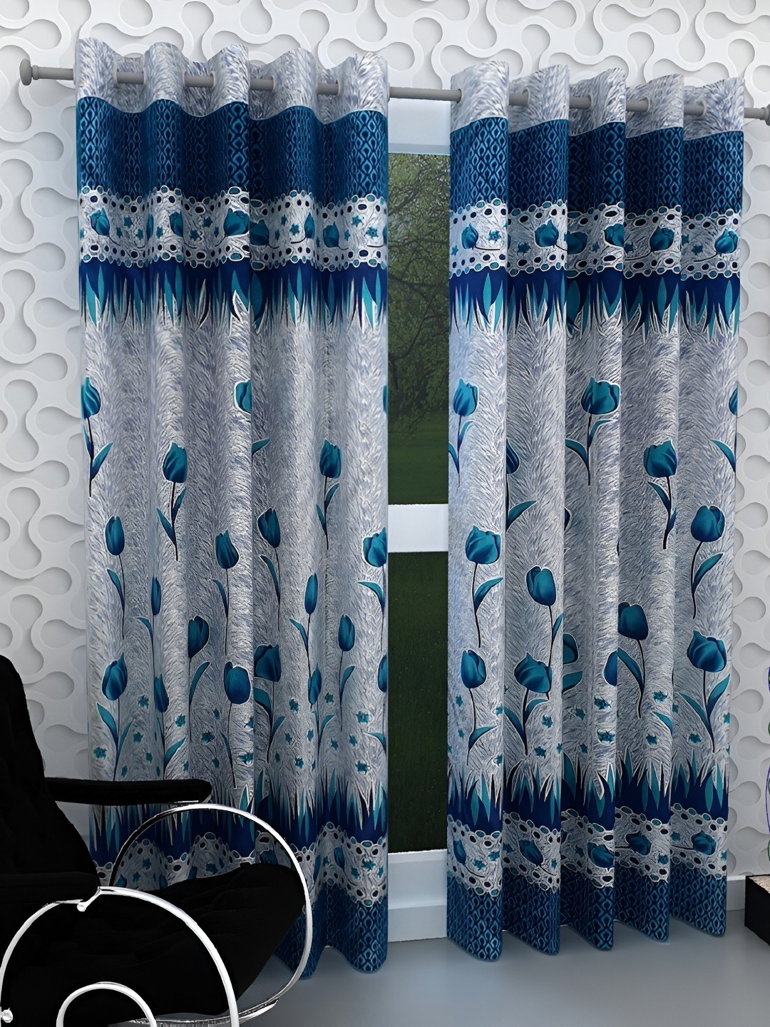 

Panipat Textile Hub Blue & Grey 2 Pieces Floral Printed Long Door Curtains