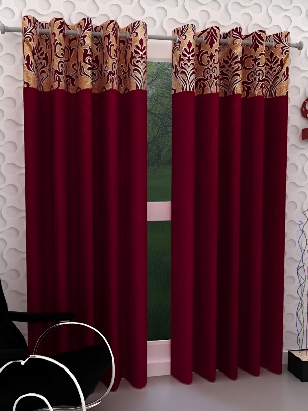 

Panipat Textile Hub Maroon & Cream 2 Pieces Floral Long Door Curtains
