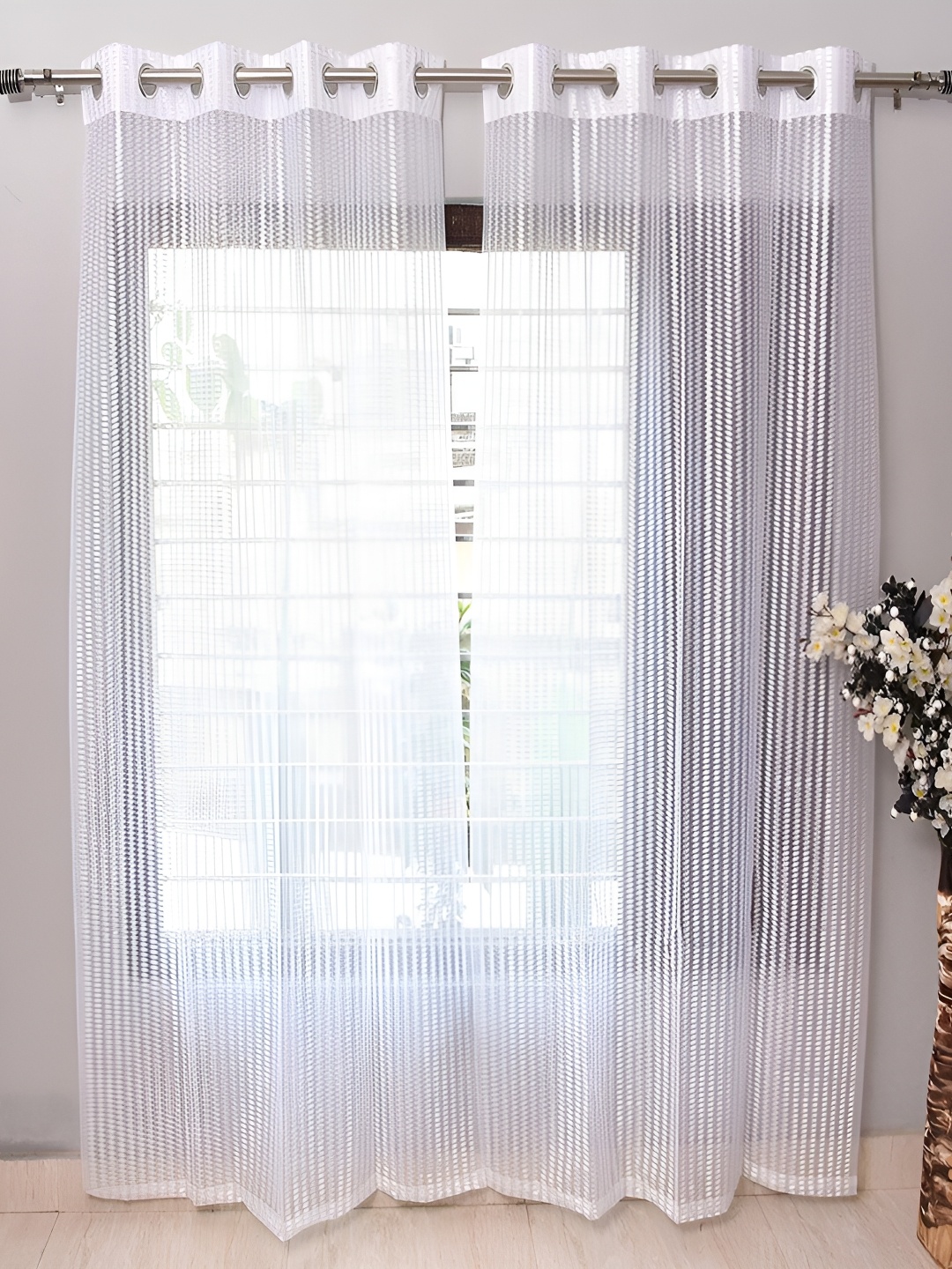 

Panipat Textile Hub White 2 Pieces Striped Sheer Window Curtains