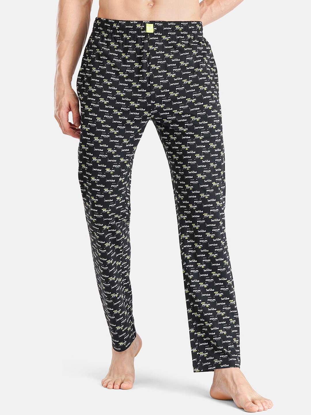 

FCUK Men Brand Logo Printed Mid-Rise Super Combed Cotton Lounge Pants, Black