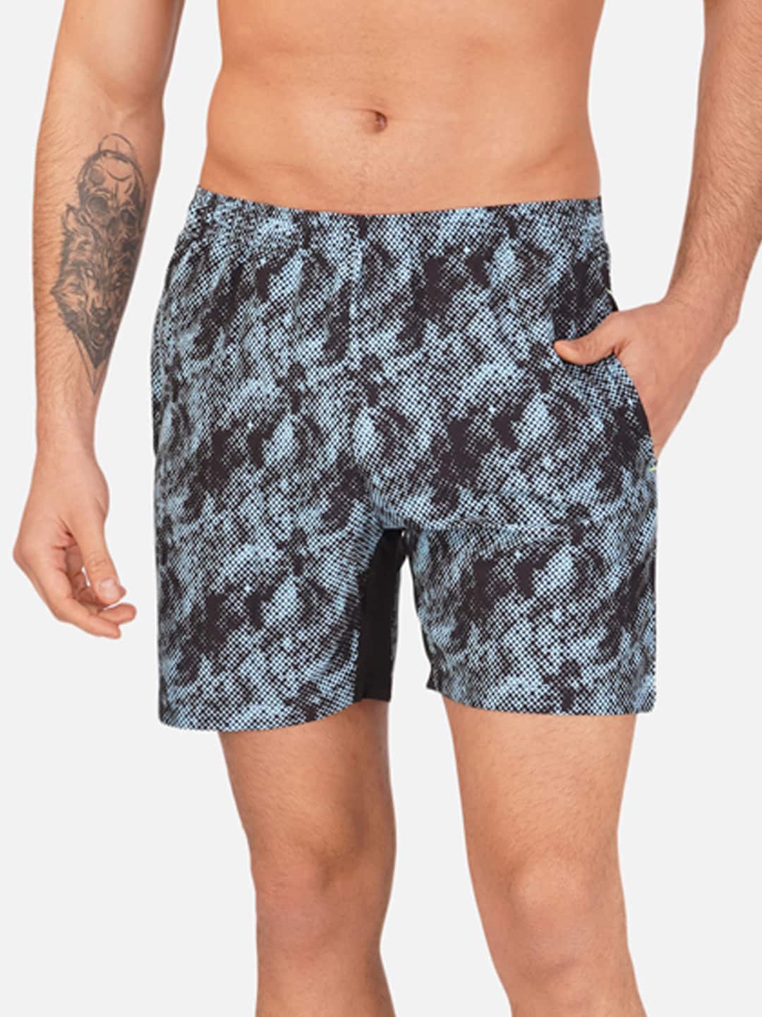 

NEVER LOSE Men Abstract Printed Mid-Rise Regular Shorts, Grey