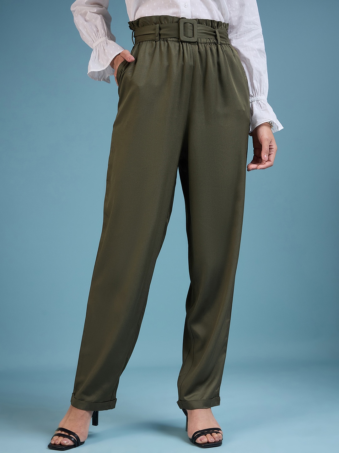 

DressBerry Olive Green Women Mid-Rise Pleated Trousers