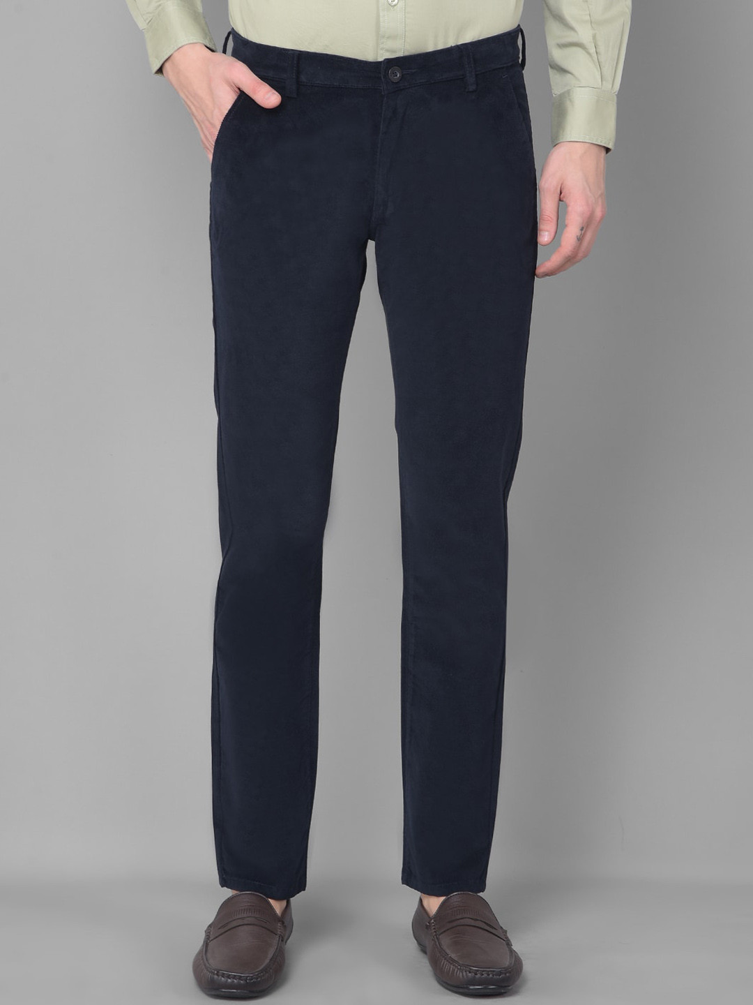 

American Archer Men Textured Smart Slim Fit Wrinkle Free Corduroy Cotton Formal Trousers, Navy blue