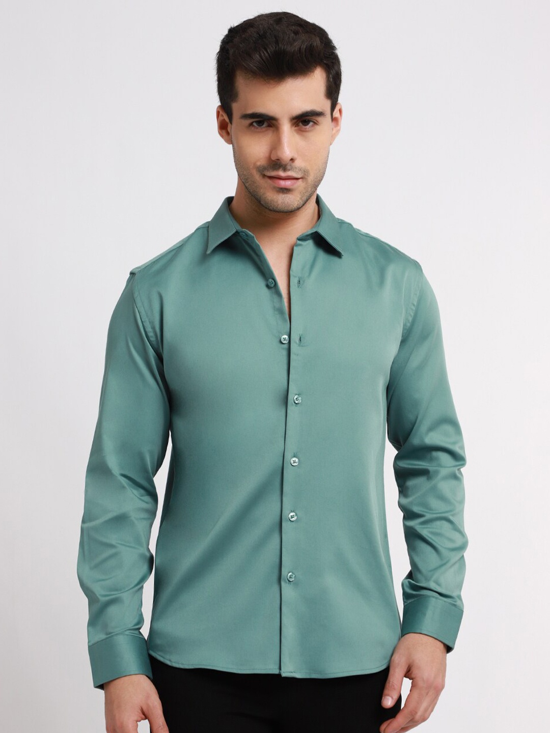 

Banana Club Classic Slim Fit Spread Collar Satin Casual Shirt, Green