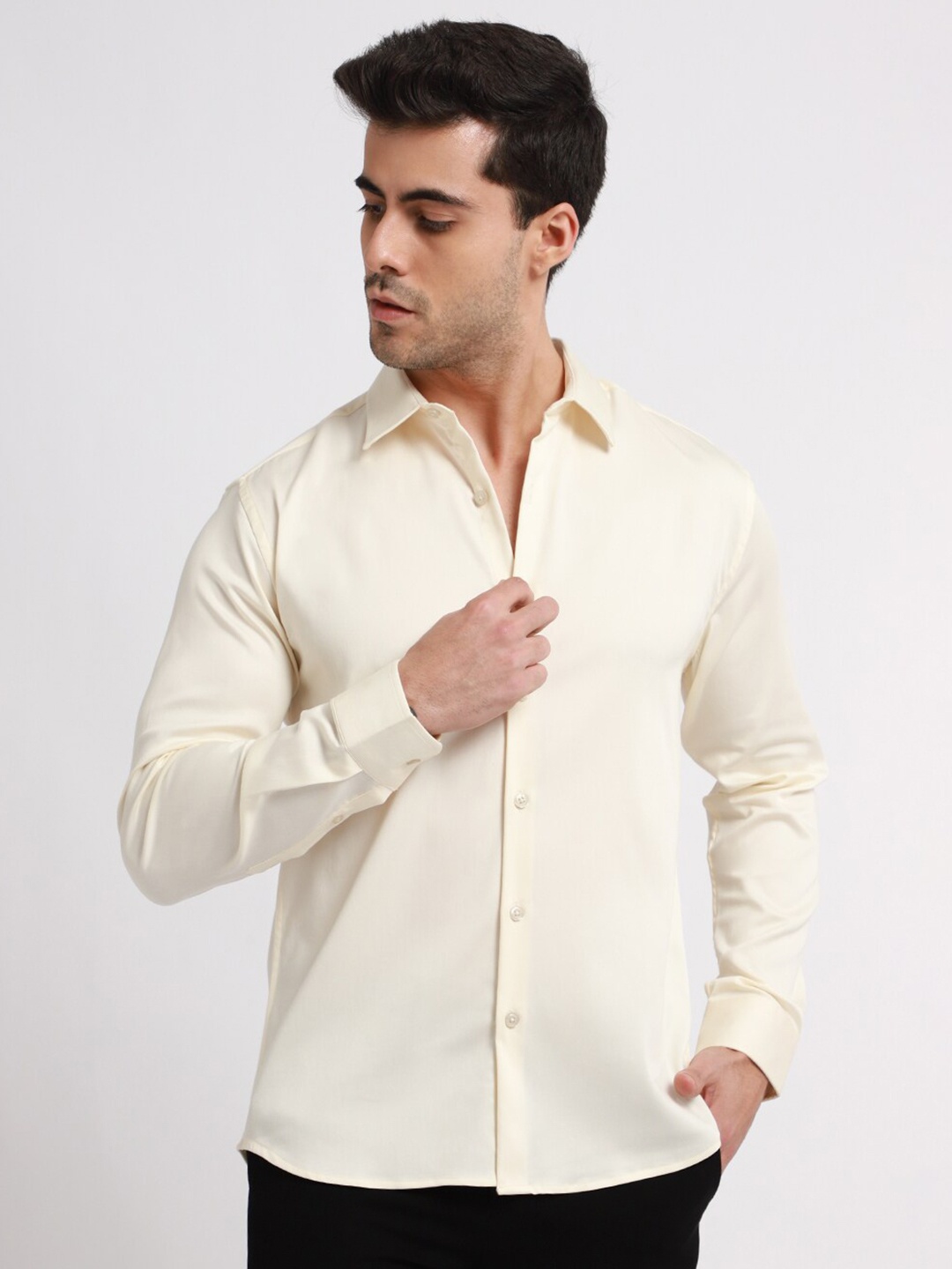 

Banana Club Classic Slim Fit Spread Collar Satin Casual Shirt, Cream