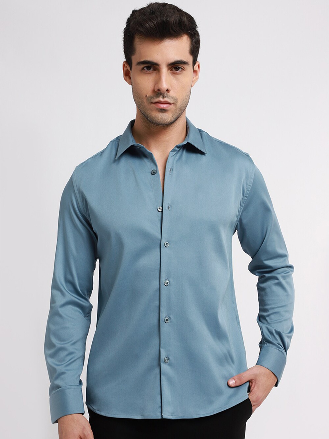 

Banana Club Spread Collar Classic Slim Fit Casual Satin Shirt, Blue