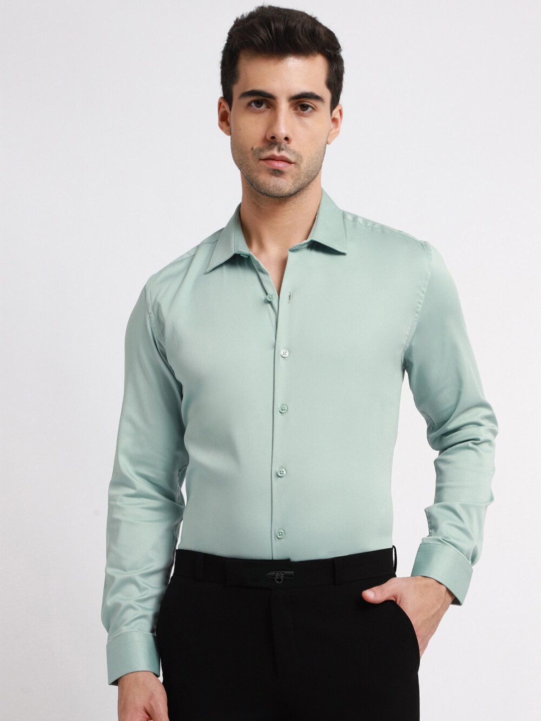 

Banana Club Spread Collar Classic Slim Fit Formal Satin Shirt, Green