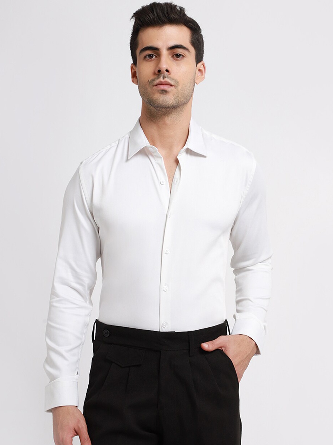 

Banana Club Spread Collar Classic Slim Fit Opaque Casual Satin Shirt, White