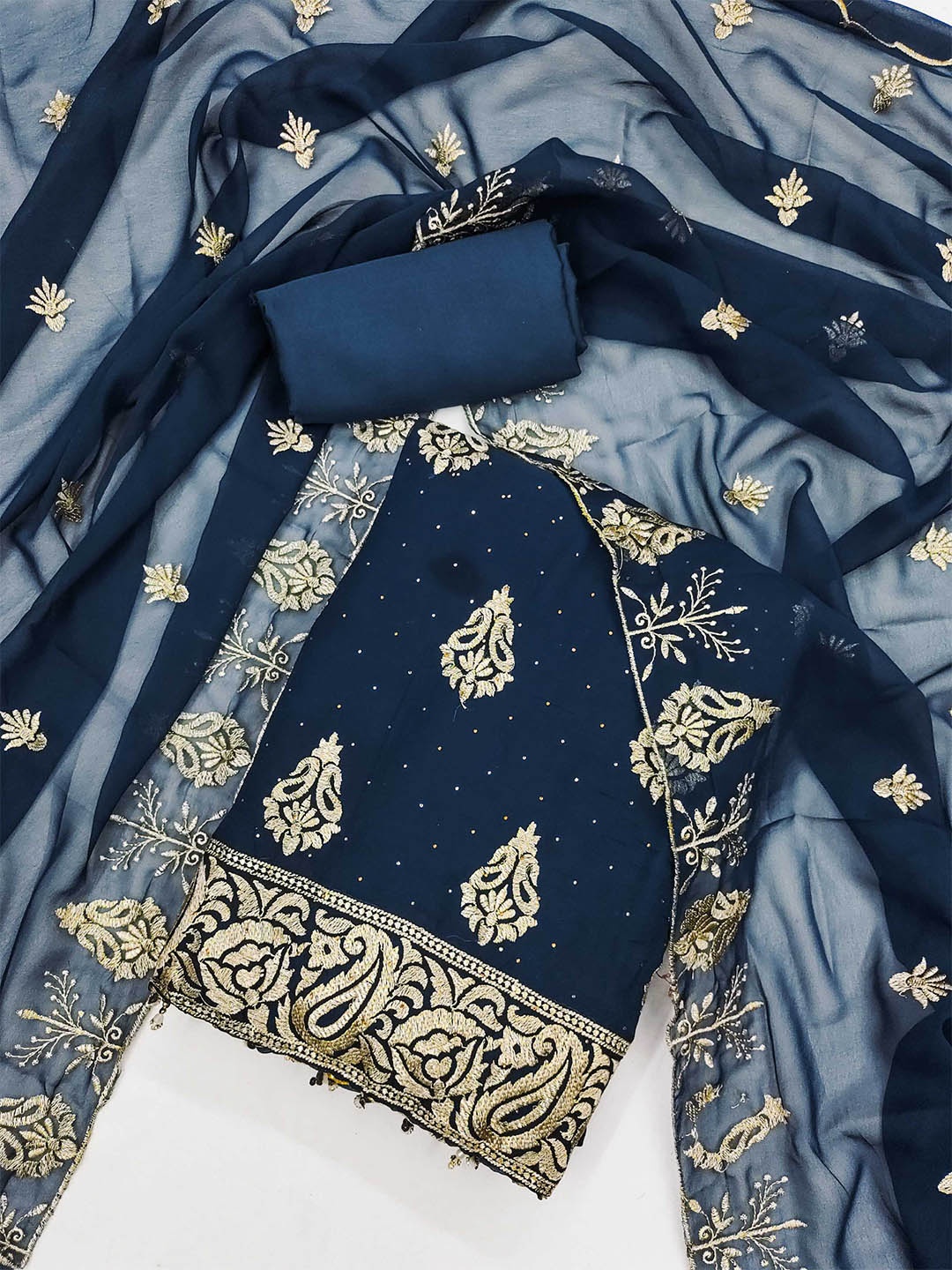 

KALINI Ethnic Motifs Embroidered Thread Work Detailed Unstitched Dress Material, Teal