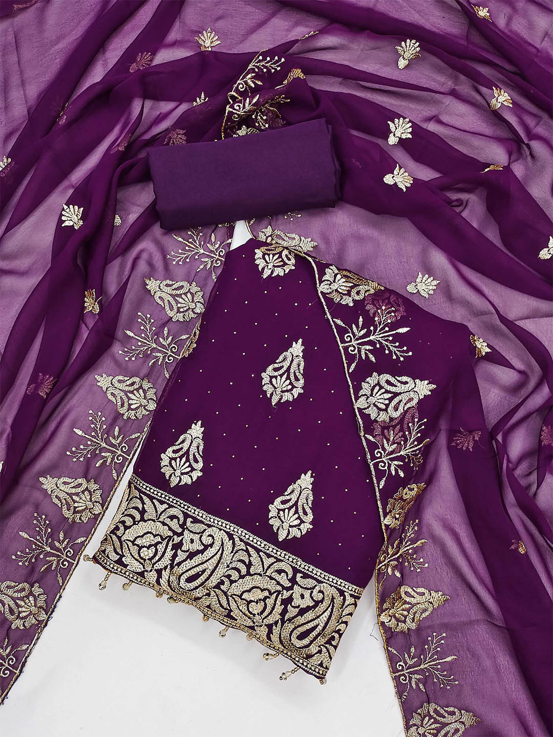 

KALINI Embroidered Unstitched Dress Material, Purple