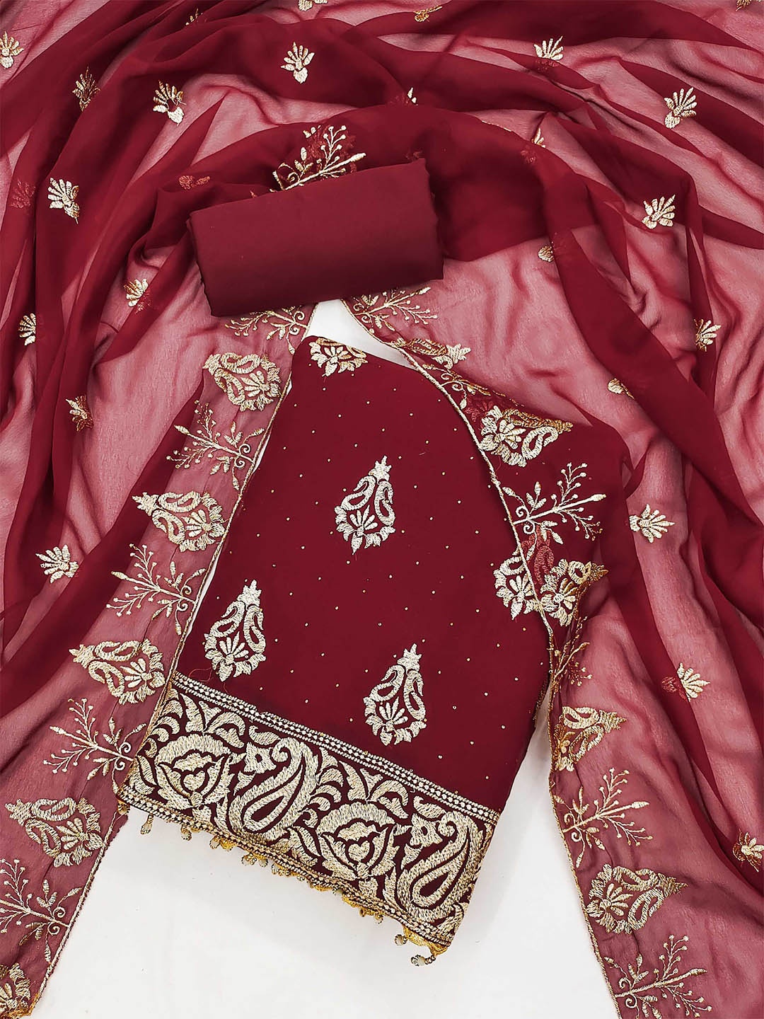 

KALINI Ethnic Motifs Embroidered Beads and Stones Unstitched Dress Material, Maroon