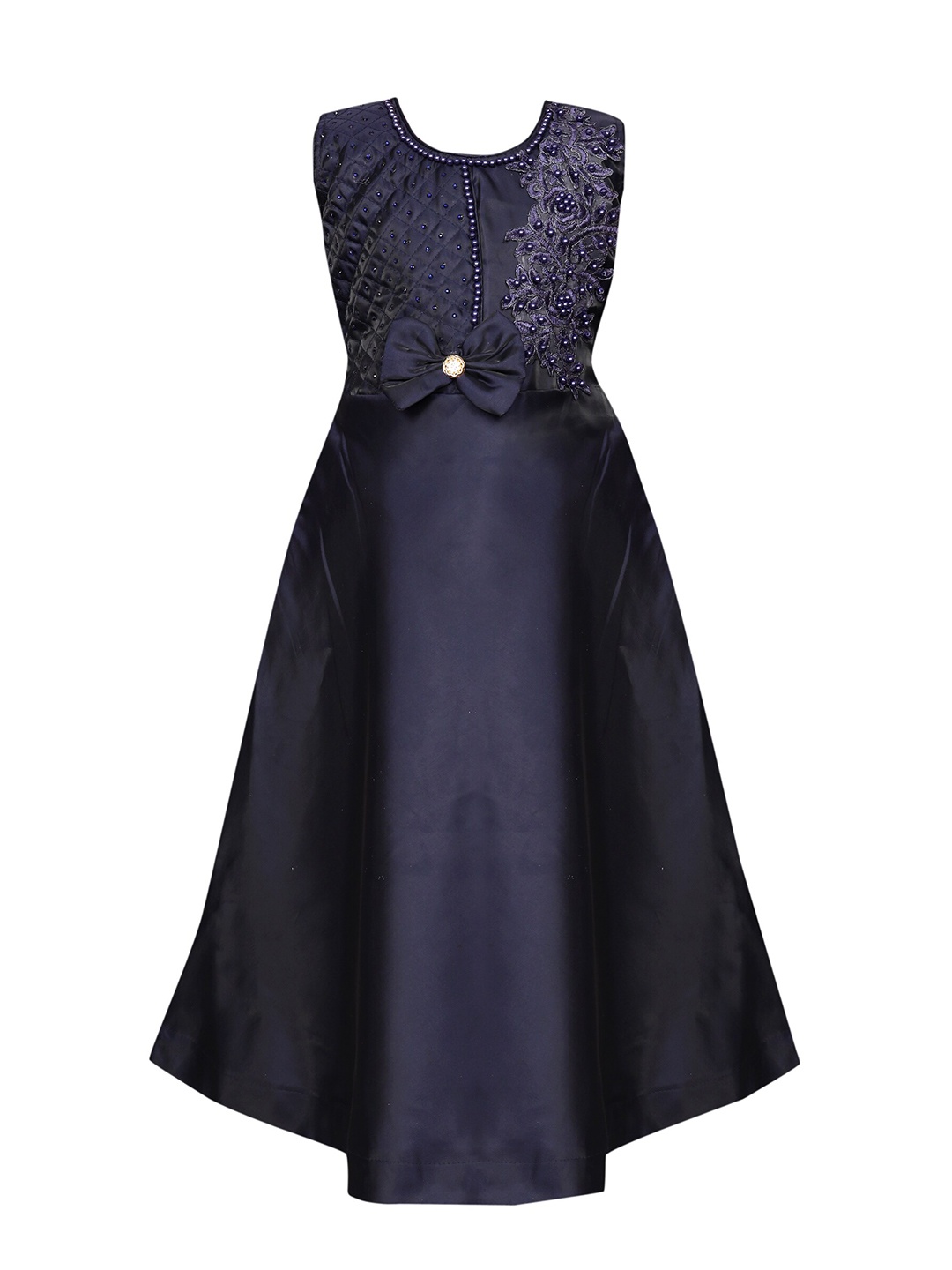 

BAESD Girls Round Neck Embellished Satin Fit & Flare Dress, Navy blue