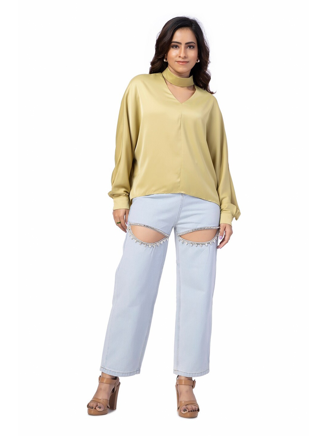 

FancyPants Choker Neck Batwing Sleeves Satin Casual Top, Green