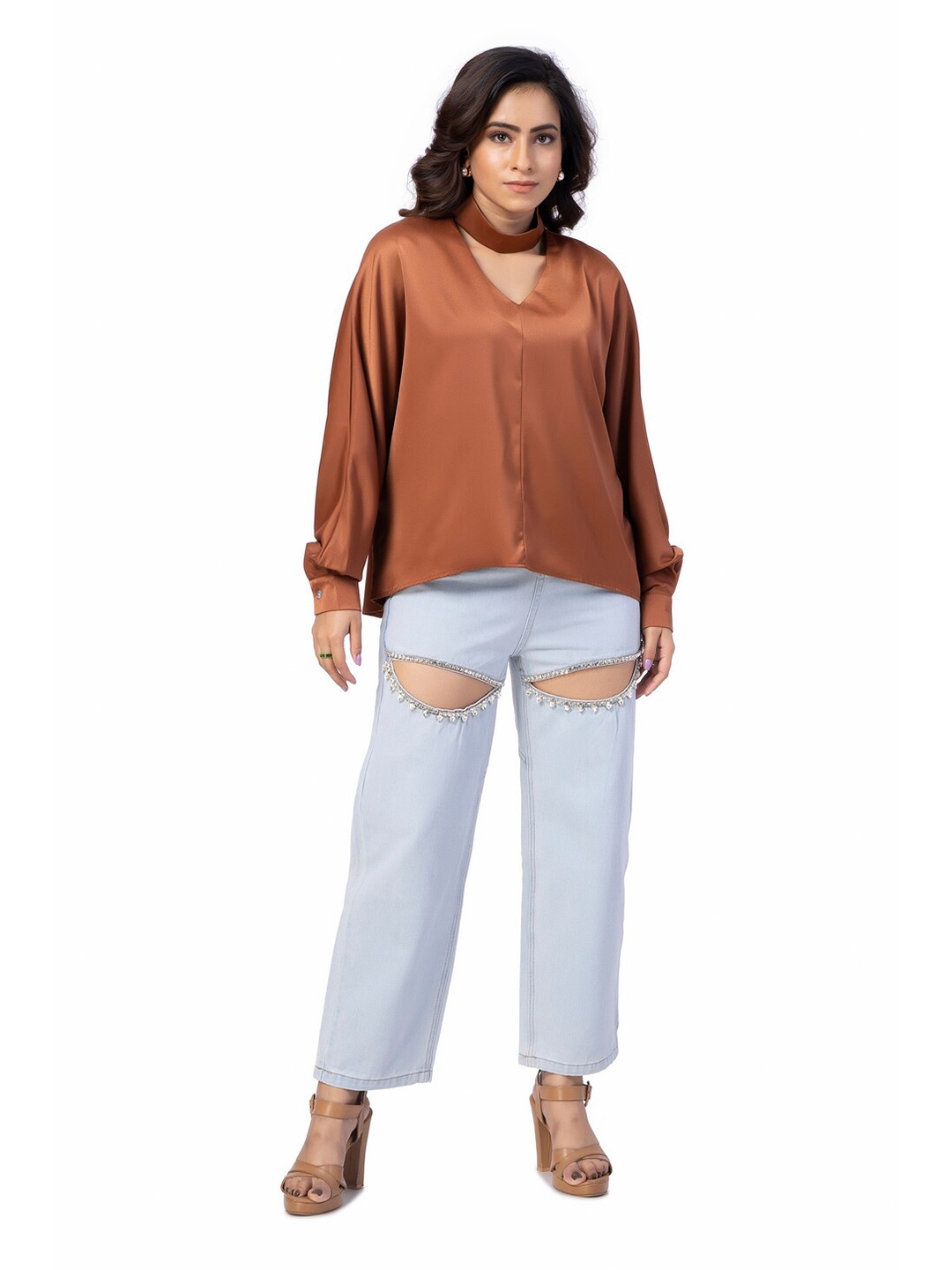 

FancyPants Choker Neck Batwing Sleeves Casual Top, Rust