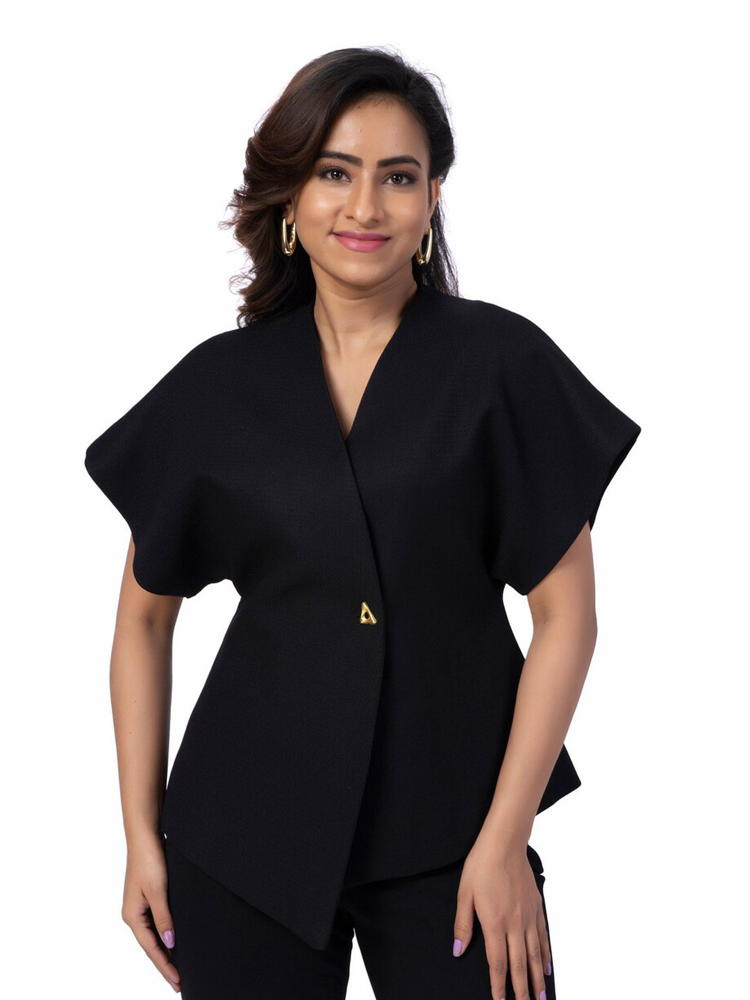 

FancyPants V Neck Kimono Sleeve Cinched Waist Top, Black