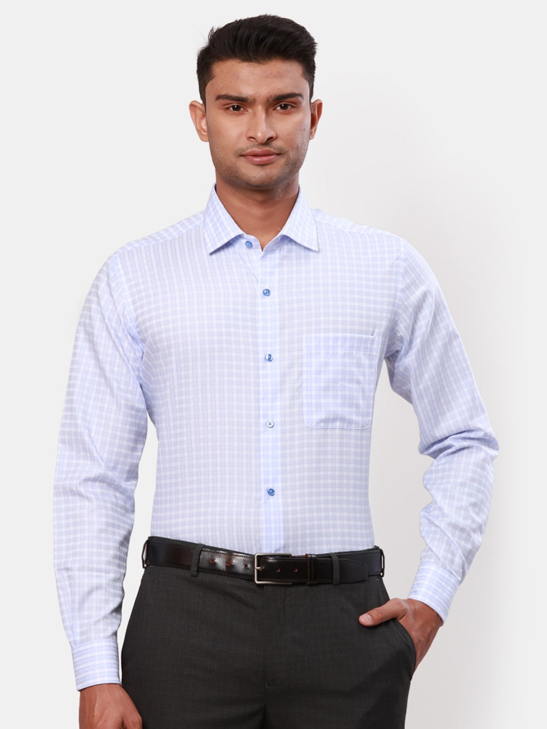 

Raymond Windowpane Checked Contemporary Fit Cutaway Collar Pure Cotton Formal Shirt, Blue