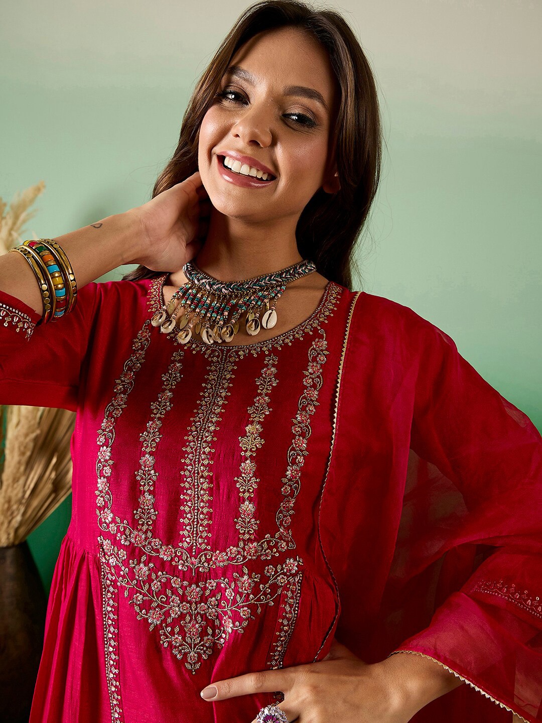 

Sangria Red Ethnic Embroidered Zari Sequined Pleated Straight Kurta With Trouser & Dupatta
