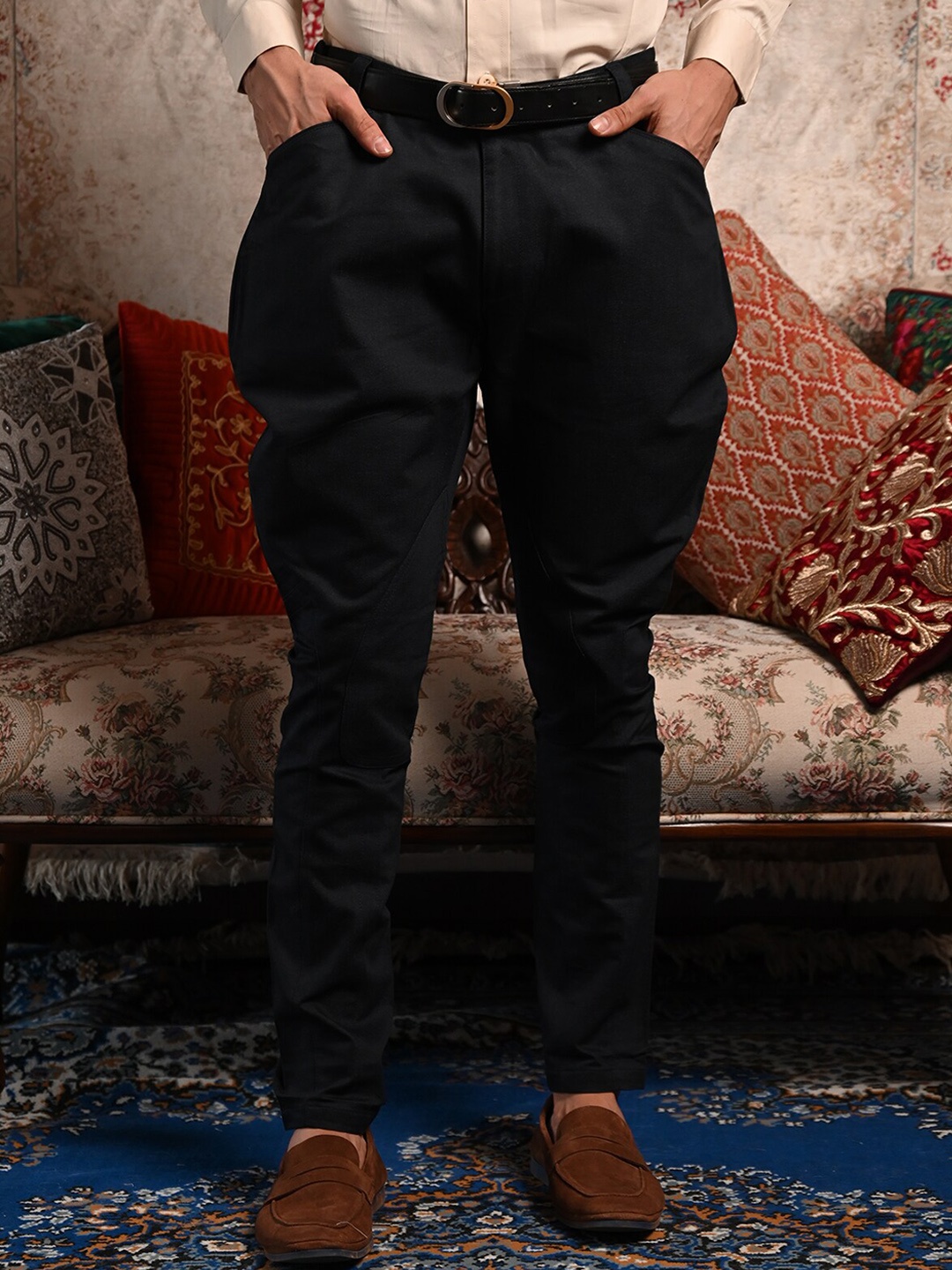 

ODETTE Men Comfort High-Rise Cotton Jodhpuris, Black